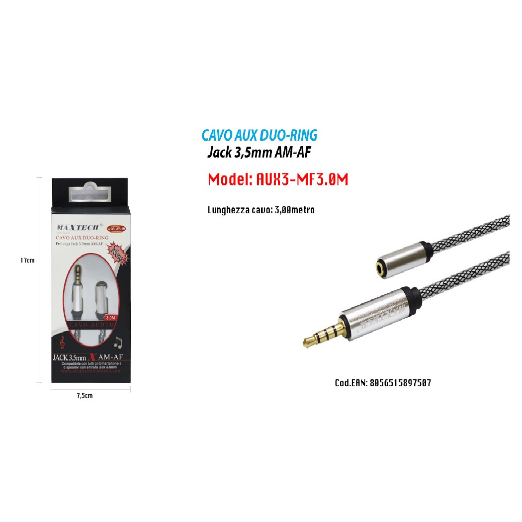 Trade Shop - Audio Kabel Klinke 3.5mm Männlich Auf Weiblich Am/af 3mt Verlängerung Aux Kopfhörer Maxtech Aux3-mf3.0m -
