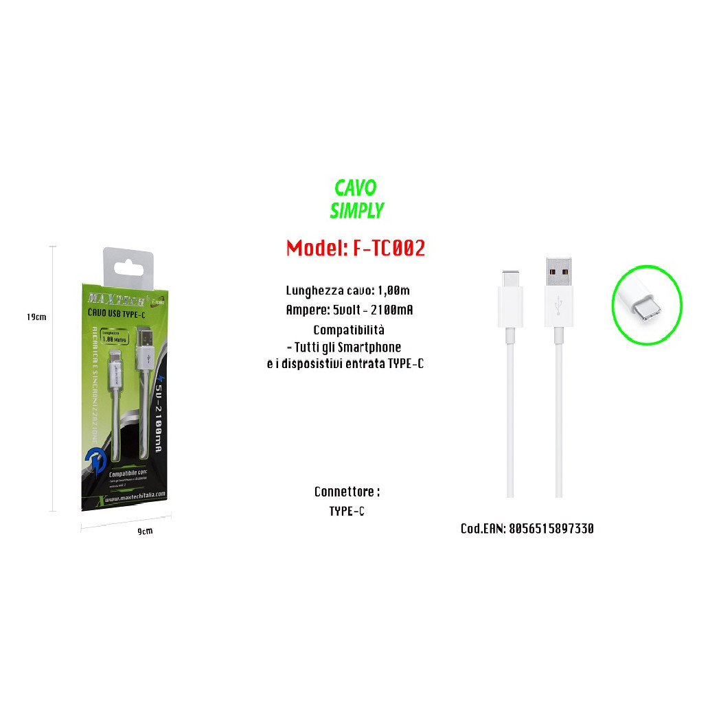Trade Shop - Usb-kabel Zum Aufladen Von Smartphone-ipad 1,00 Mt Einfach 5 V-2100 Ma Maxtech F-tc002 -