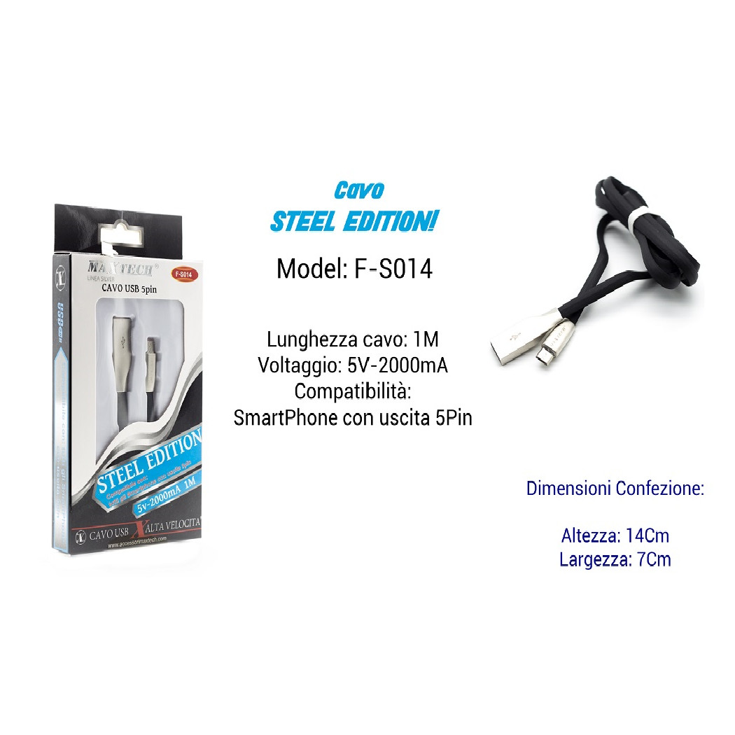 Trade Shop - Cavo Steel Edition Für Verbesser Smartphone 5pin 5volt - 2000ma 1,00mt Maxtech F-s014 -