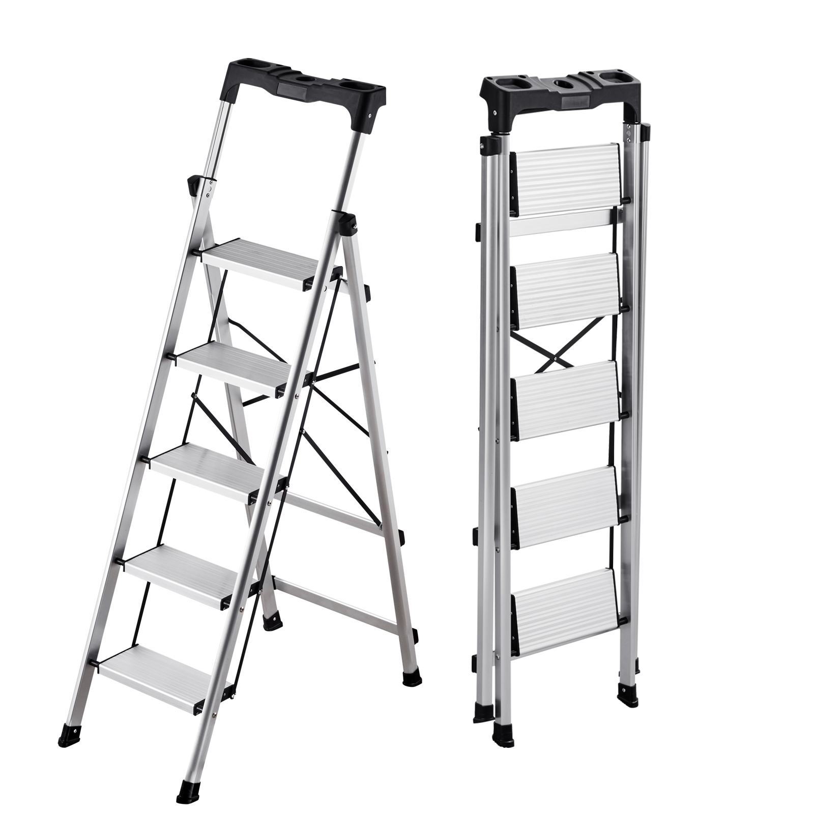 Mophorn 5-stufige Klappleiter Aus Aluminium Mit Rutschfesten Stufen Und Ergonomischem Handgriff, Belastbar Bis 150 Kg, Ideal Für Küche, Lager, Haushalt Und Büro, Silberfarben