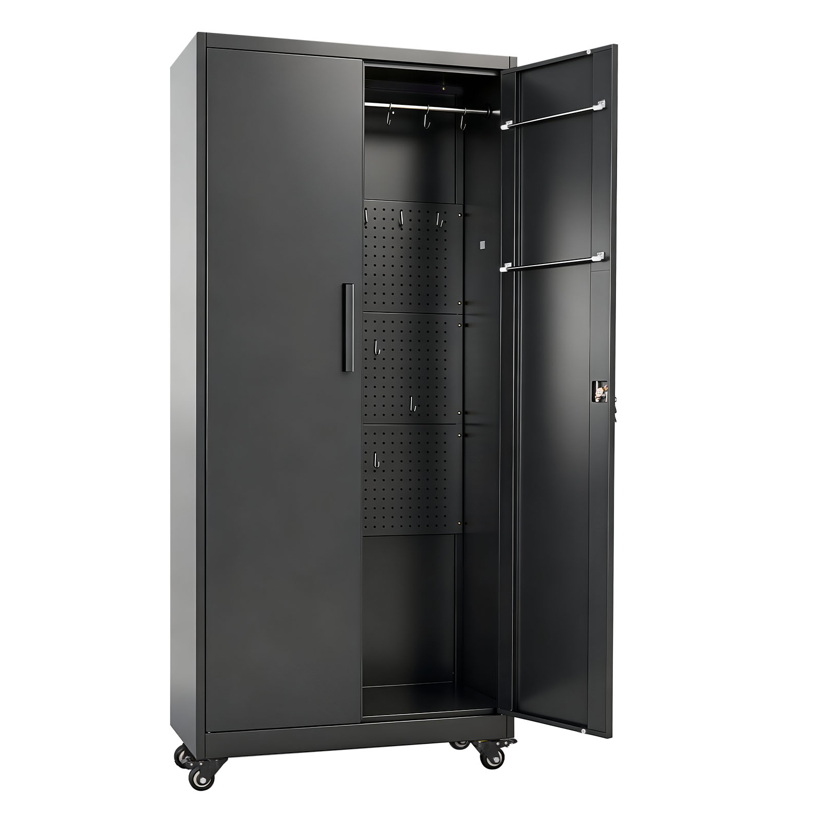 Mophorn Metallschrank Mit 5 Ebenen, Mobiler Aufbewahrungsschrank Mit Verstellbaren Regalböden, Magnetischen Doppeltüren, Kleiderstange Und Haken – Ideal Für Speisekammer, Lagerraum Oder Keller