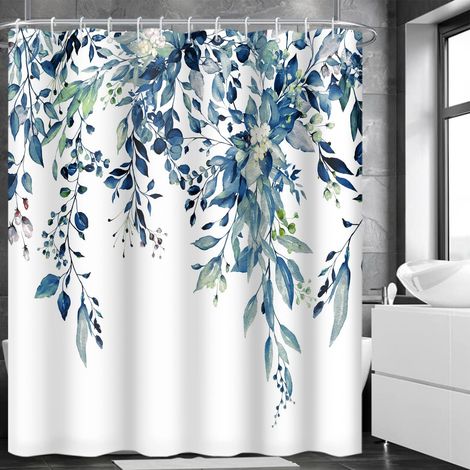 Blauer Duschvorhang Aus Polyester Mit Blumenmuster, Schimmel- Und Mehltauresistent, Mit 12 Haken, Schnelltrocknend, 183 X 183 Cm