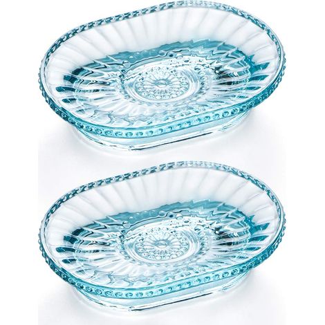 Seifenschale Aus Glas, Seifenschale Mit Prägung, Vintage-seifenbox (zweiteiliges Set Für Dusche Und Bad, Blau)