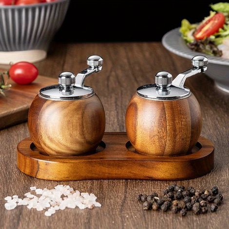Set Mit 2 Hochwertigen, Manuellen Pfeffermühlen Aus Holz – Handkurbelmühlen Für Meersalz Und Schwarzen Pfeffer, Mit Holzsockel
