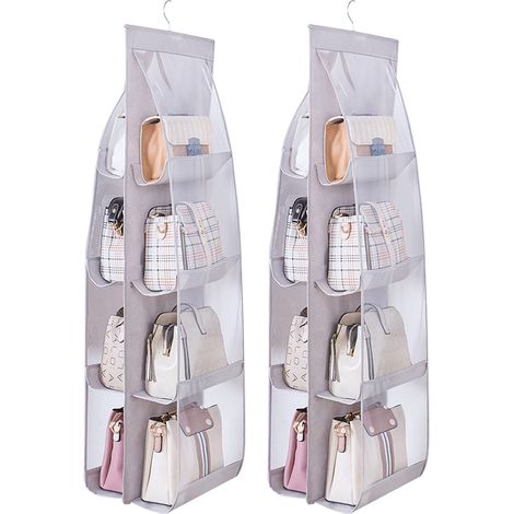 2-teiliger Hängeorganizer Für Handtaschen Und Kleiderschränke, Mit 8 Praktischen, Transparenten Pvc-taschen, Grau