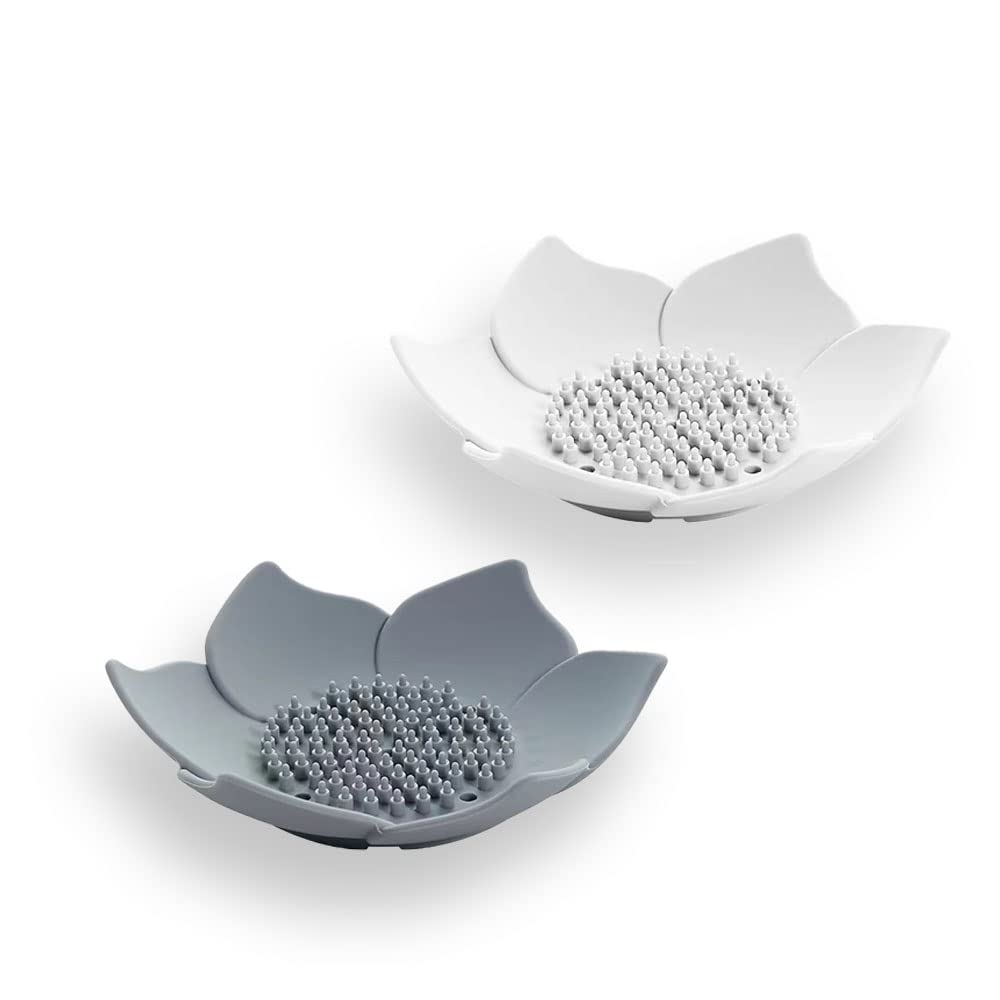 2-teilige Seifenschale Mit Abtropffläche, Seifenschale Für Küche, Bad, Dusche, Blütenförmige Seifenschale (weiß Und Grau)