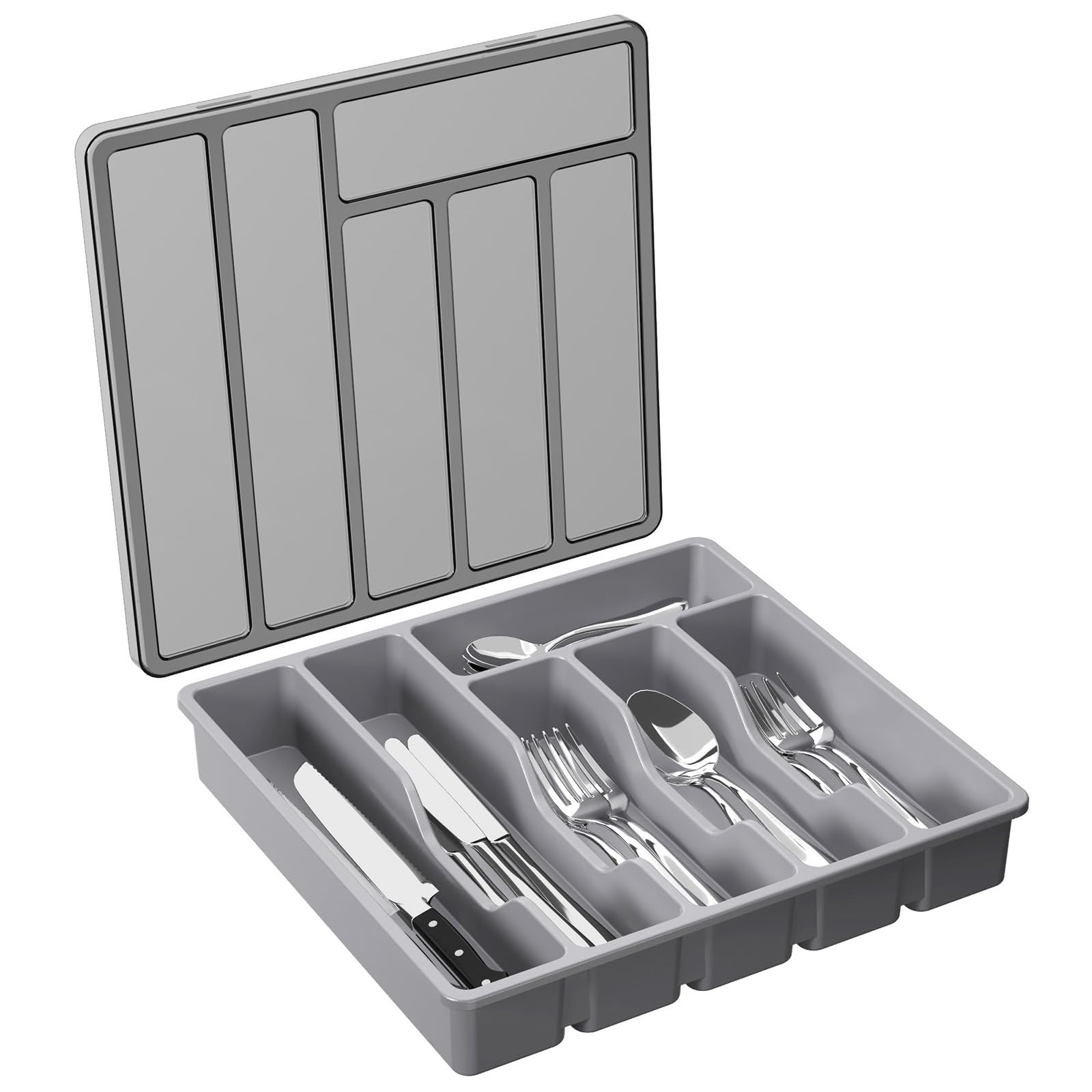 Besteckkasten Mit Deckel Und Besteckeinsatz, Für Schublade Und Arbeitsplatte, 6 Fächer, Grau