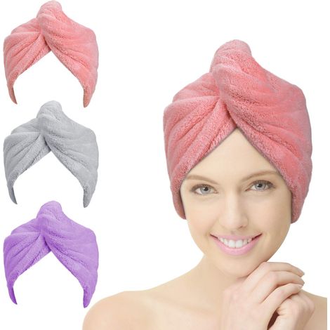 Set Mit 3 Trockentüchern, Ultra-saugfähiger Mikrofaser-turban Mit Knopf, Schnelltrocknend Für Damen (rosa, Lila, Grau)