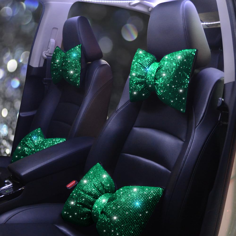 Funkelndes Auto-kopfstützenkissen, Strasssteine, Schleifen, Nackenkissen, Kissen, Diamantbesetzt Für Damen, 2-teiliges Grünes Set.