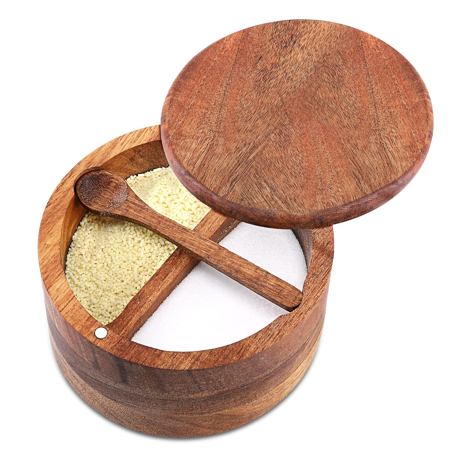 Salz- Und Pfefferstreuer Aus Holz, Aufbewahrungsbox Mit Integriertem Löffel Und Drehbarem Magnetdeckel (zwei Fächer, 35 Cl)