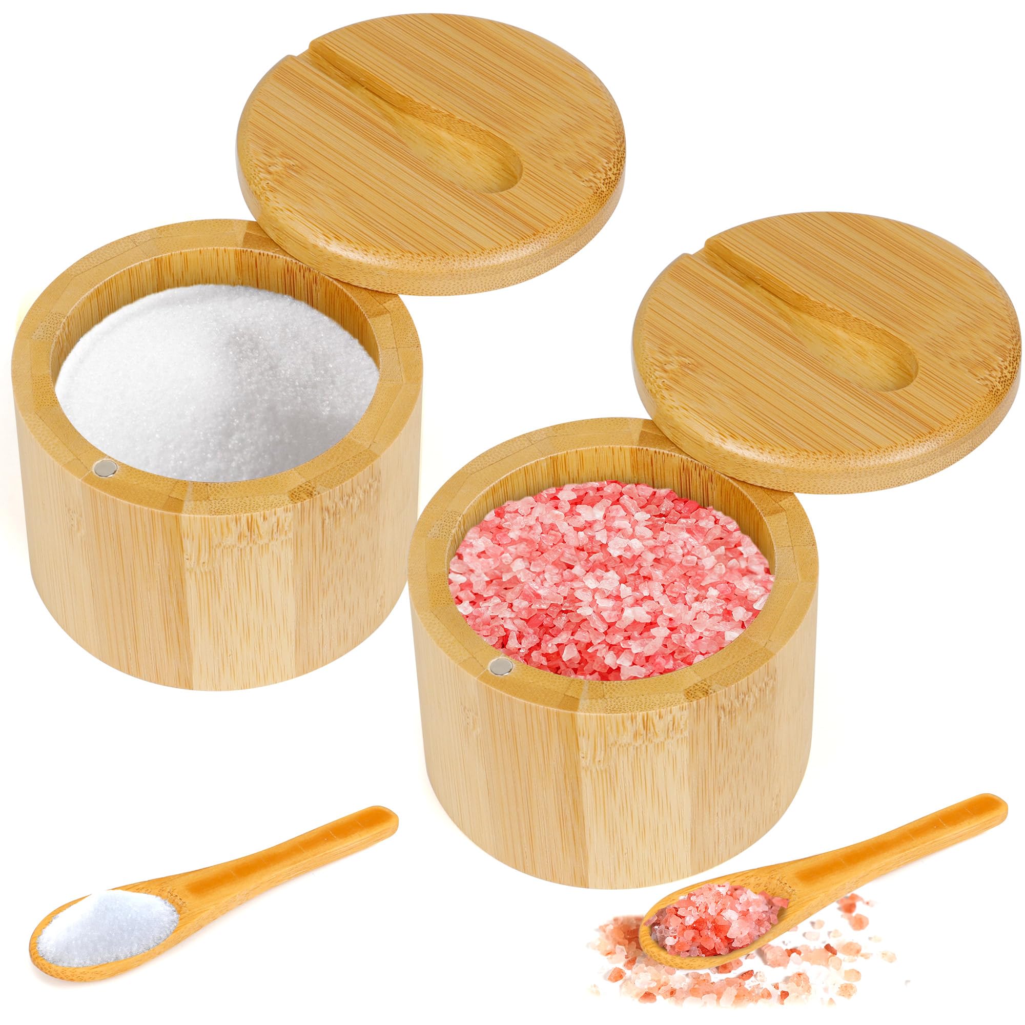 2-teiliges Bambus-salz- Und Gewürzset Mit Magnetischem Drehdeckel Und Löffel, Bambus-aufbewahrungsbox, 170 G.