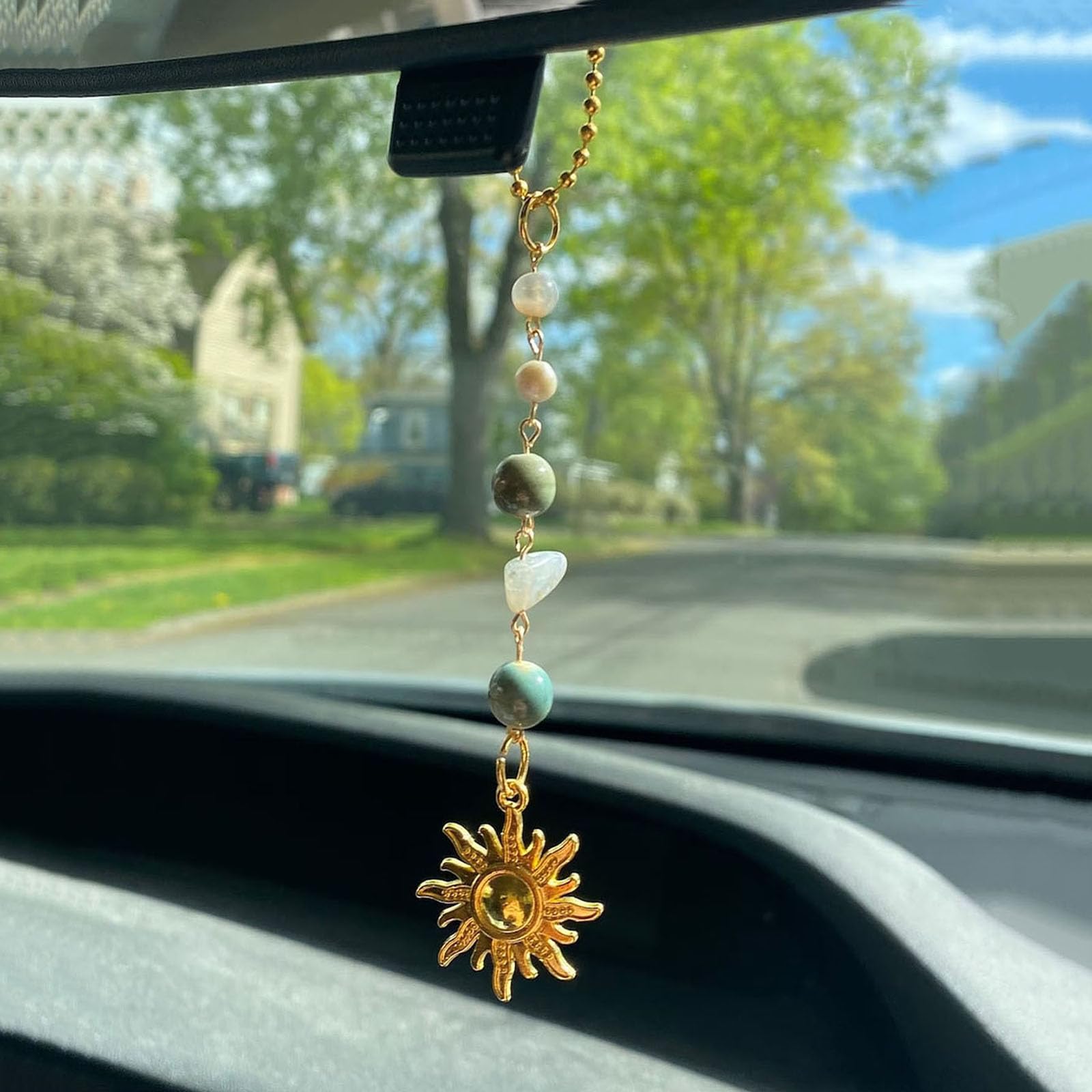 Grüne Und Goldene Sonnenförmige Auto-hängedekoration, Rückspiegel-accessoire, Niedlicher Bohème-stil, Auto-dekoration, Ornament.