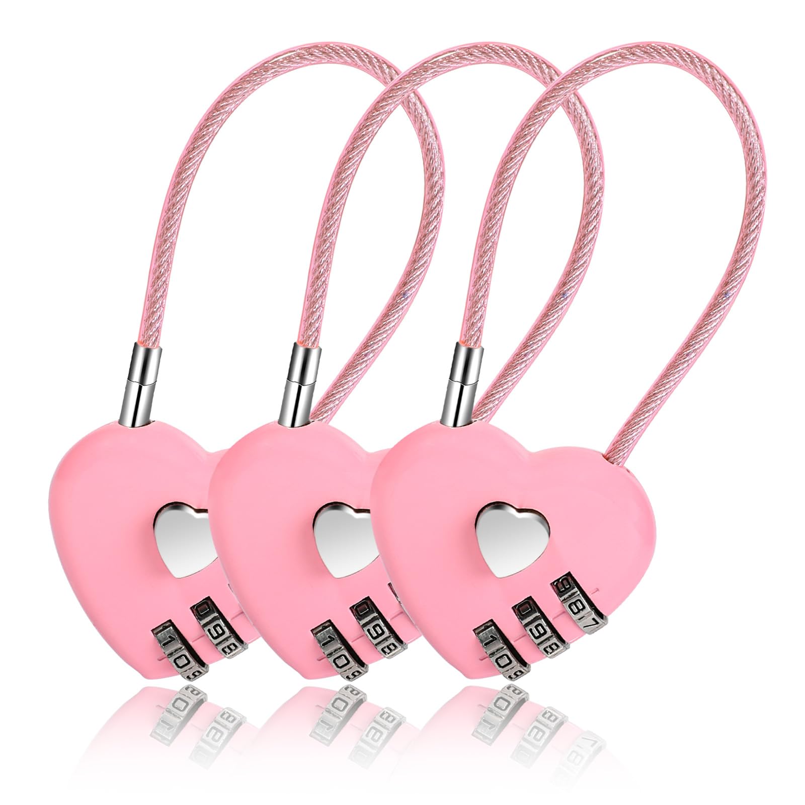 Set Mit 3 Dreistelligen Zahlenschlössern, Herzförmige Kombination, Rosa Vorhängeschlösser Mit Stahlkabel, Mini-gepäckschlösser
