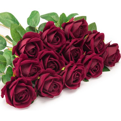 12 Künstliche Rosen, Künstliche Flanellblumen, Einzelne Langstielige Blüten Mit Rosenknospen (weinrot)
