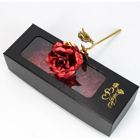 Ewige Rose In Roségold, Funkelnde Rose, Geschenkbox, Romantische Rote Rose, Schwarze Präsentationsbox Und Bastband Inklusive.