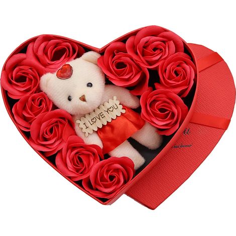 Geschenkset Mit 10 Nach Rosen Duftenden Seifenblumen, Roter Herzförmiger Metalldose Und Künstlicher Rose