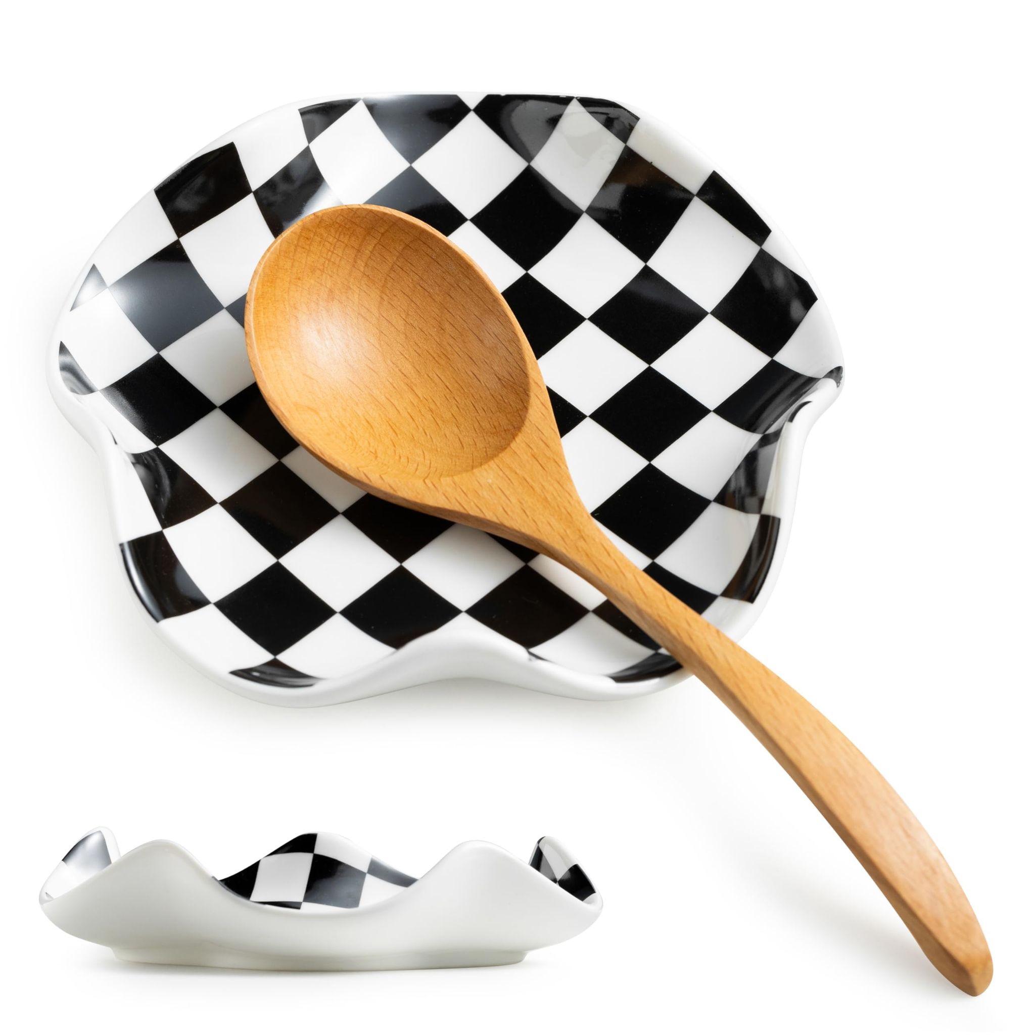 Set Aus 2 Keramik-küchenlöffelablagen Und Schmucktabletts 2 In 1, Schachbrettmuster, 13 Cm.