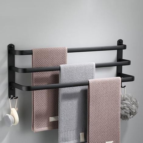 Handtuchhalter Fürs Badezimmer, Kein Bohren Erforderlich, Schwarzer Wandhandtuchhalter Mit 2 Haken, 3-stufige Schwarze Handtuchstange, 40 Cm