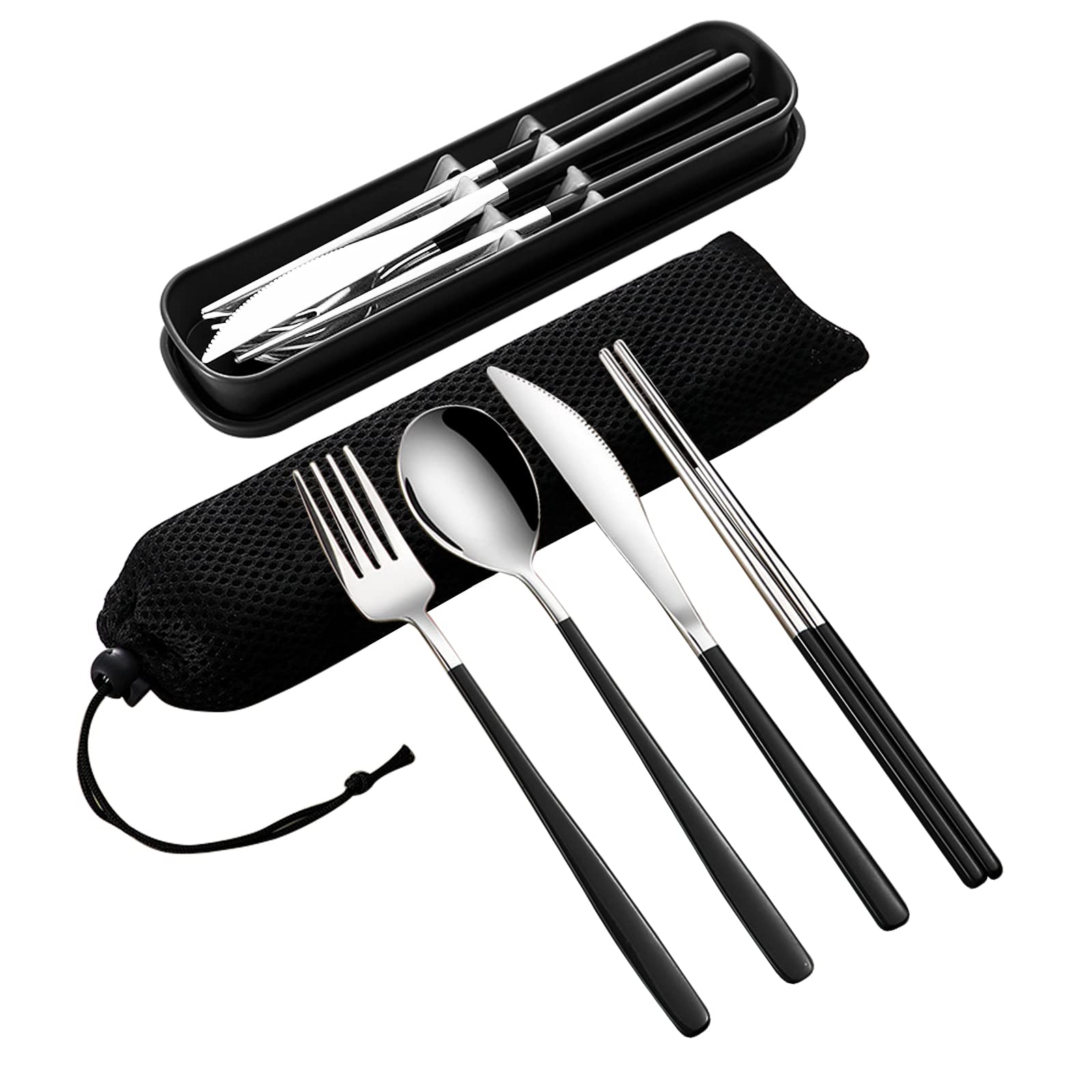 4-teiliges Besteckset Aus Edelstahl (18/10) Mit Etui, Gabel/löffel/messer/koteletts, Silber/schwarz.