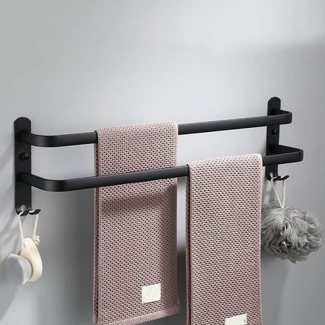 Wandmontierte Handtuchstange, Mehrlagige Handtuchstange Mit Haken, Platzsparender Handtuchhalter Aus Aluminium (30 Cm, Schwarz, 2 Lagen)