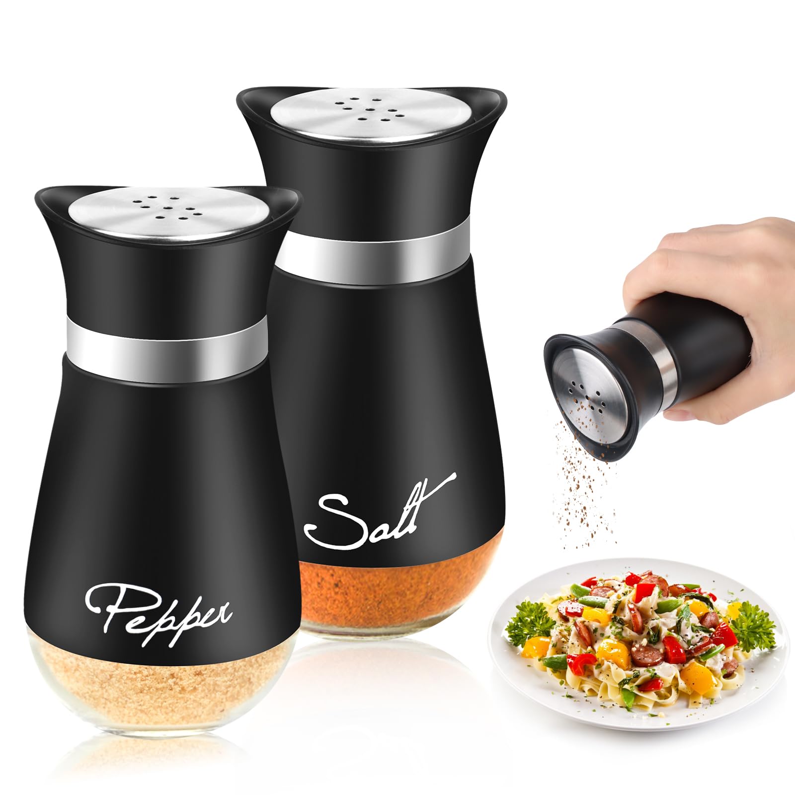 Set Aus 2 Schwarzen Salz- Und Pfefferstreuern Mit Glasboden, 120 Ml, Für Küche, Grill Und Camping.