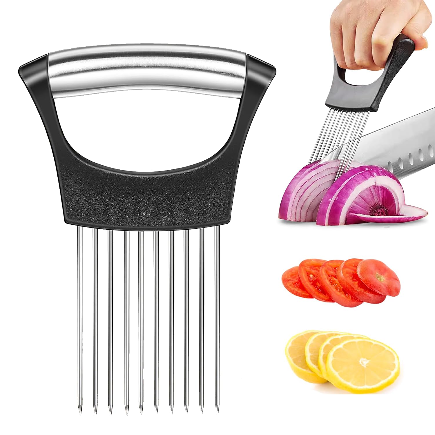 Zwiebelhalter Aus Edelstahl, Gemüseschneider Mit Schutzkappe, Tomatenschneider, Zitronenschneider, Schneidehilfe