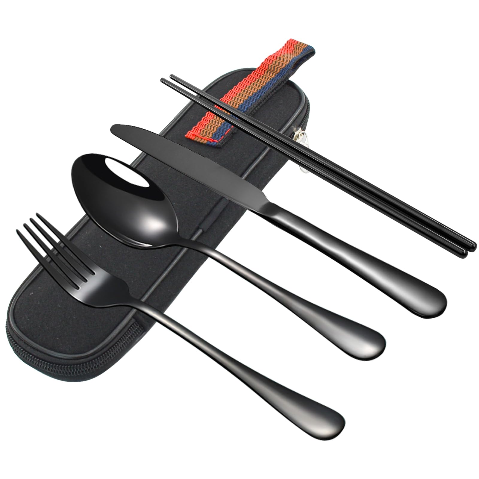 Set Mit 4 Tragbaren Reisebesteckteilen Aus Edelstahl Mit Etui, Wiederverwendbar Für Camping/arbeit/lunchboxen, Schwarz.
