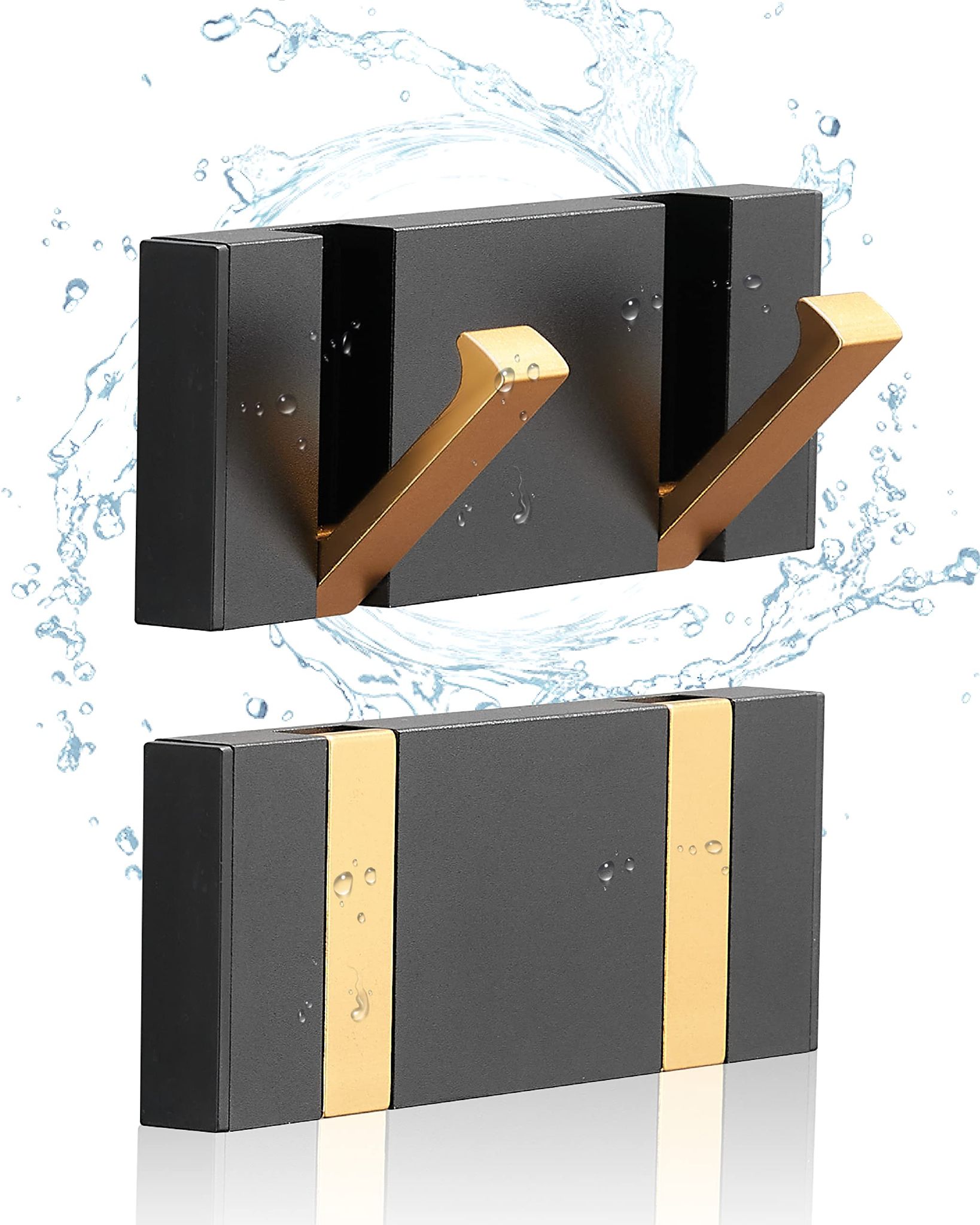 Set Aus 2 Schwarzen Und Goldenen, Wasserfesten Wandhaken, Faltbaren Haken Für Badezimmerhandtücher, Kleiderhaken, Individuell Gestaltbare Perforationen, Moderne Kleiderhaken.