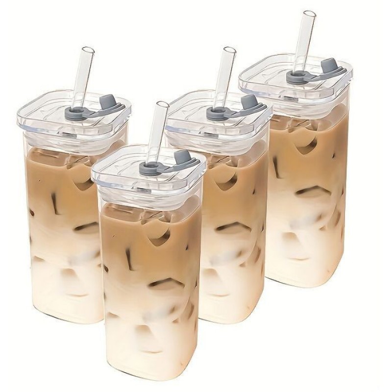 Set Mit 4 Quadratischen Glasbechern Mit Deckel – 385 Ml Fassungsvermögen – Ideal Für Kaffee – Inklusive Strohhalme – Bpa-frei