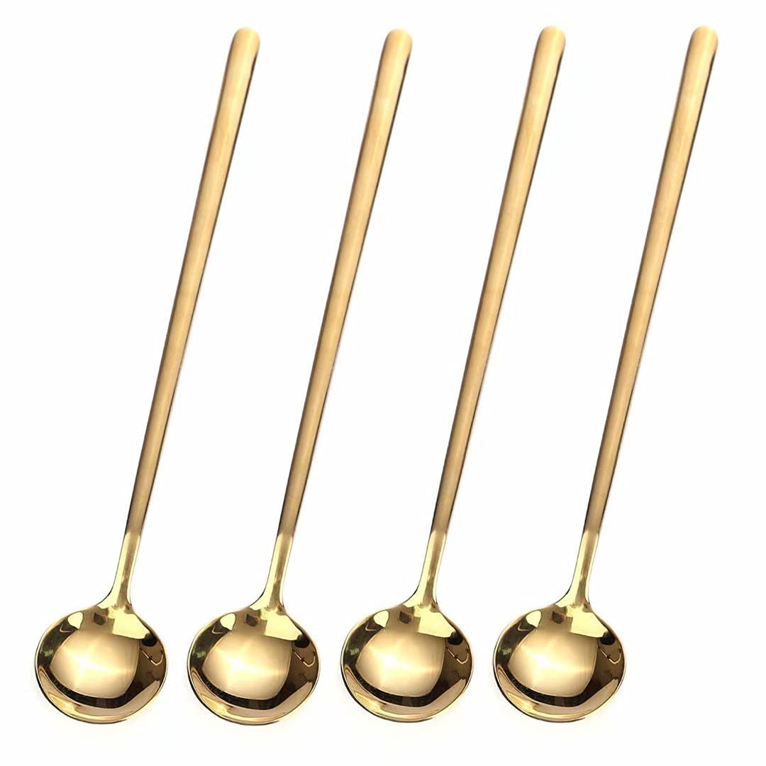 Set Aus 4 Langstieligen, 17 Cm Langen, Vergoldeten Kaffee-/teelöffeln Für Eistee Und Espresso.