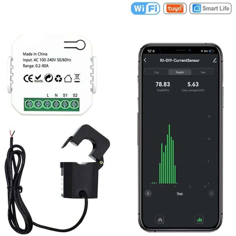 [niemals Verwendet] Intelligenter 80-a-energieschalter – Tuya Wlan-zähler – Messbereich: 100–240 V Wechselspannung – Strombereich: 0,2–80 A – Kwh-tracking-app – Life 80a