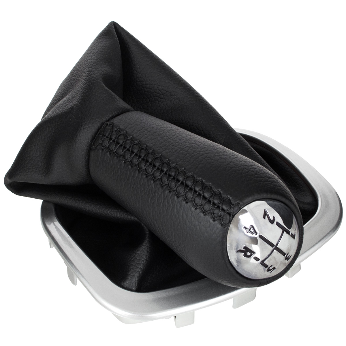 Renault Clio Iii 05-12 Schaltknauf Schwarzes Öko-leder + Chrom + Schwarze Manschette Mit Silbernem Rahmen, 5 Gänge