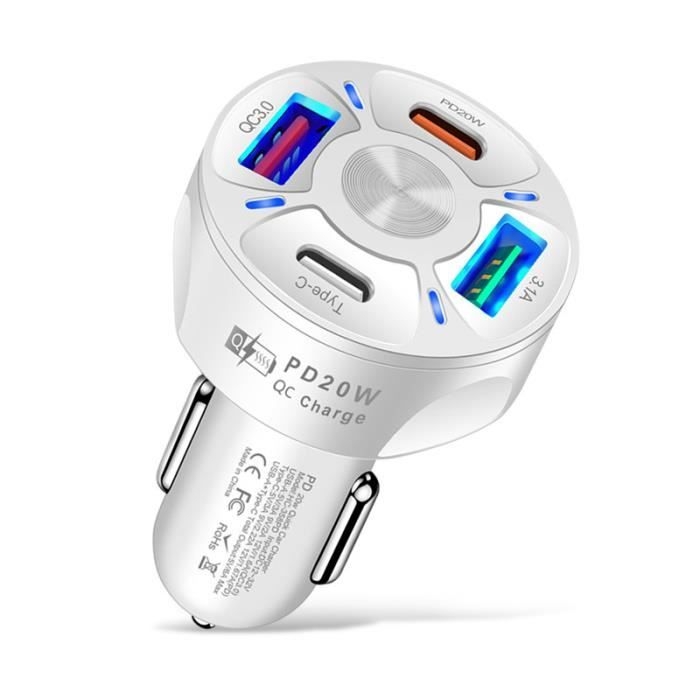 Weißes 4-port-autoladegerät Mit 4 Usb-anschlüssen, 20 W Pd, Qc 3.0 Schnellladefunktion, Für Iphone 13, Xiaomi Und Huawei