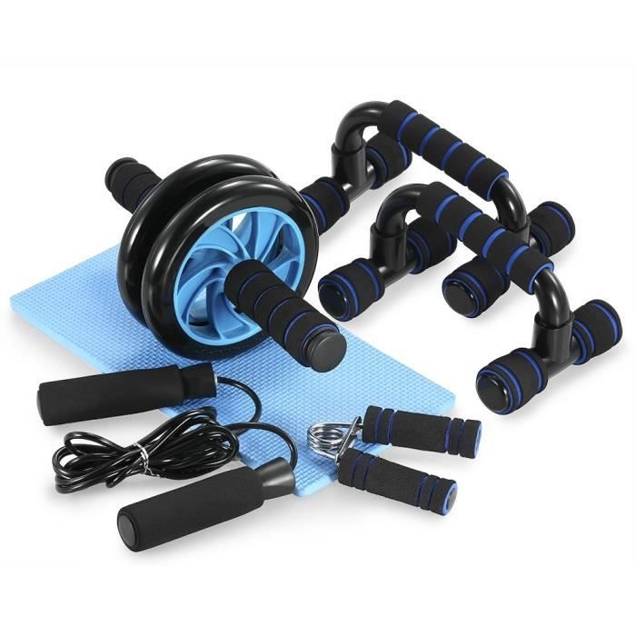 (blau) 5-in-1 Fitnessgerät: Bauchmuskelrad + Liegestützgriffe + Springseil + Handtrainer + Kniematte – Komplettset