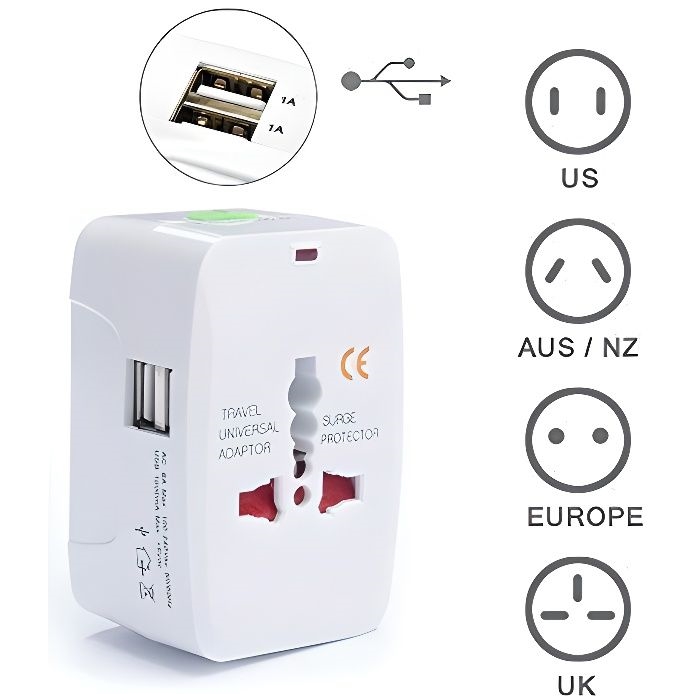 Internationaler Reiseadapter Mit Universalstecker Und 2 Usb-anschlüssen (1 A), 220 V / 110 V Wechselstrom, Australien, Usa, Eu