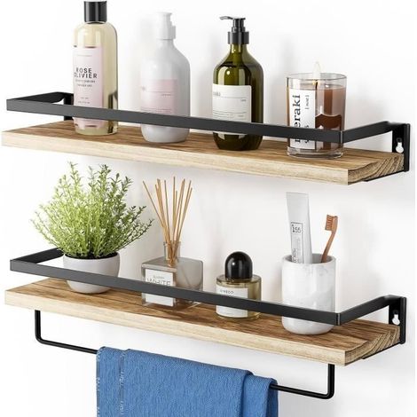 Set Aus 2 Wandregalen Aus Holz Und Metall Mit Abnehmbarer Handtuchstange Für Badezimmer, Wohnzimmer, Schlafzimmer, Küche