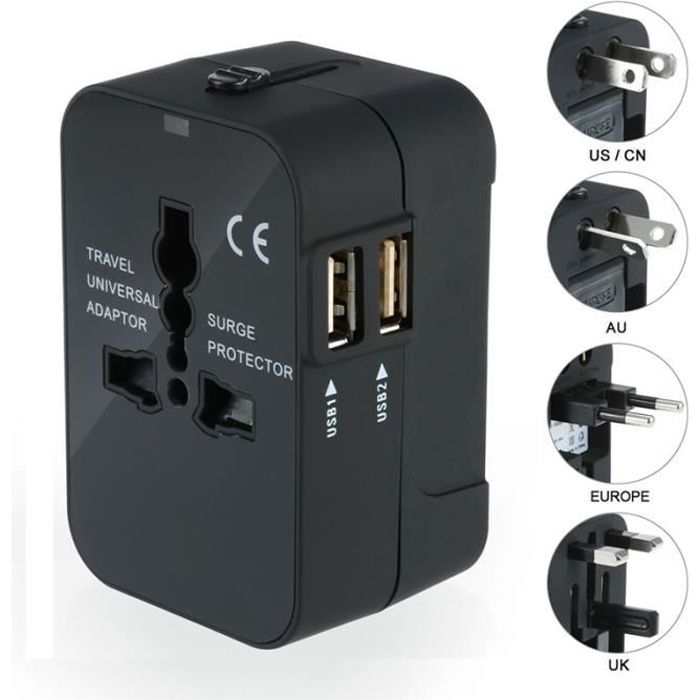 Universeller Reiseadapter/ladegerät, Us/eu/uk/au Mit 2 Usb-anschlüssen Für Kameras, Mobiltelefone, Tablets, Ipads, Schwarz