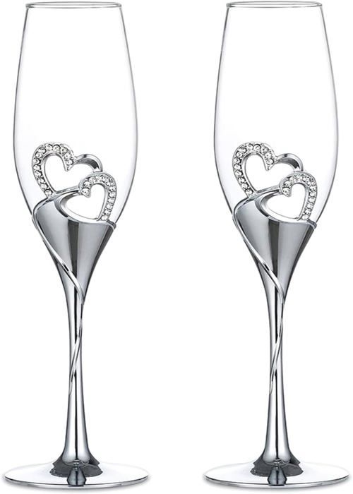 Set Aus 2 Kreativen, Herzförmigen Champagnergläsern Für Hochzeiten, Hochzeitsgeschenke, Silber