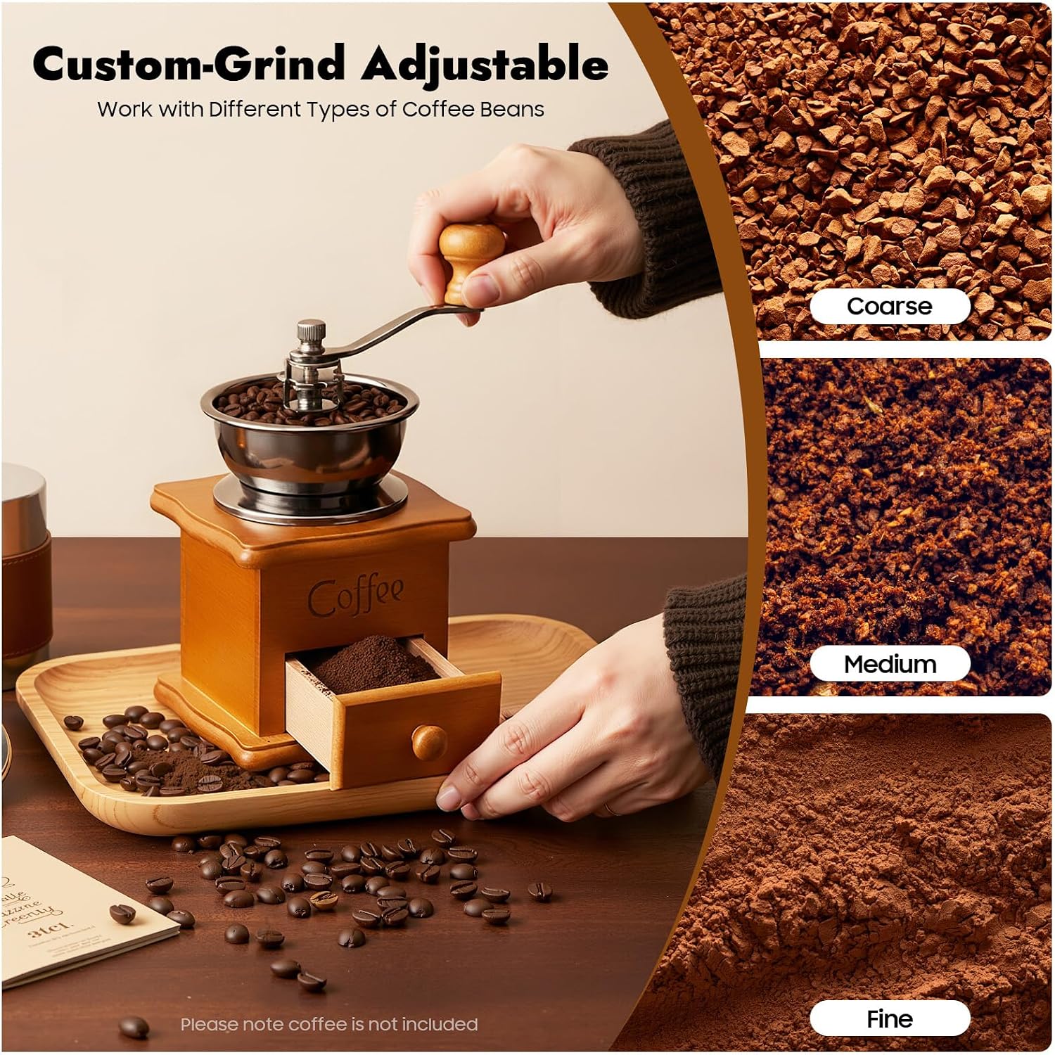 Kaffeemühle Manuell, Braun Retro Manuelle Kaffeemühle, 9,5x6,5x16 Cm, Handmühle Für Kaffeebohnen, Grobheit Einstellbar Für Zuhause Und Café, Frisch Gemahlener Kaffee