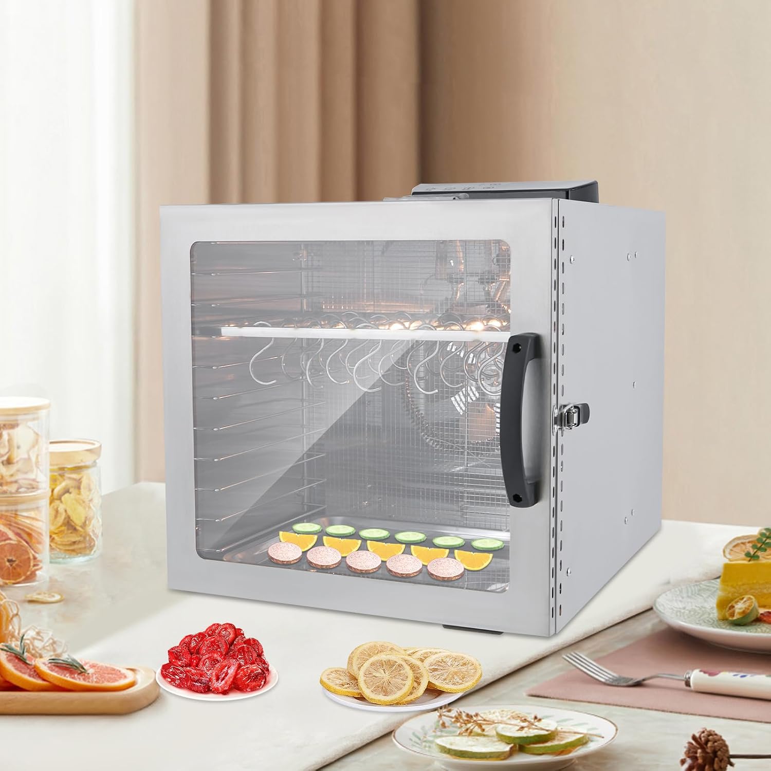 Haushalts-fleischtrockner, 1000w, High-efficiency-lebensmitteltrockner, Led-smart-panel, Einstellbare Temperatur (86-194°f), Einstellbare Zeit (0-24 Stunden), Edelstahl, Silber