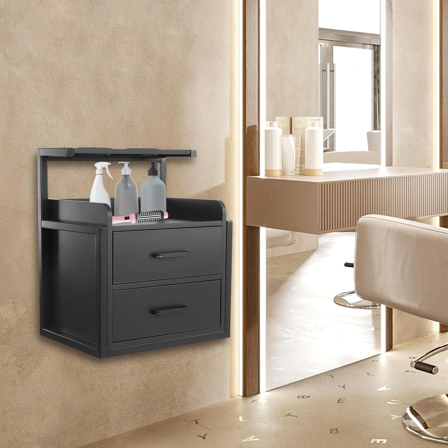 Hängender Salon-wandschrank, Wandmontierter Salon-speicherschrank, Aufbewahrungstisch Mit 2 Schubladen Und Haartrocknerständer, Für Spas, Friseurläden, Salons, 40x30x48 Cm Schwarz)