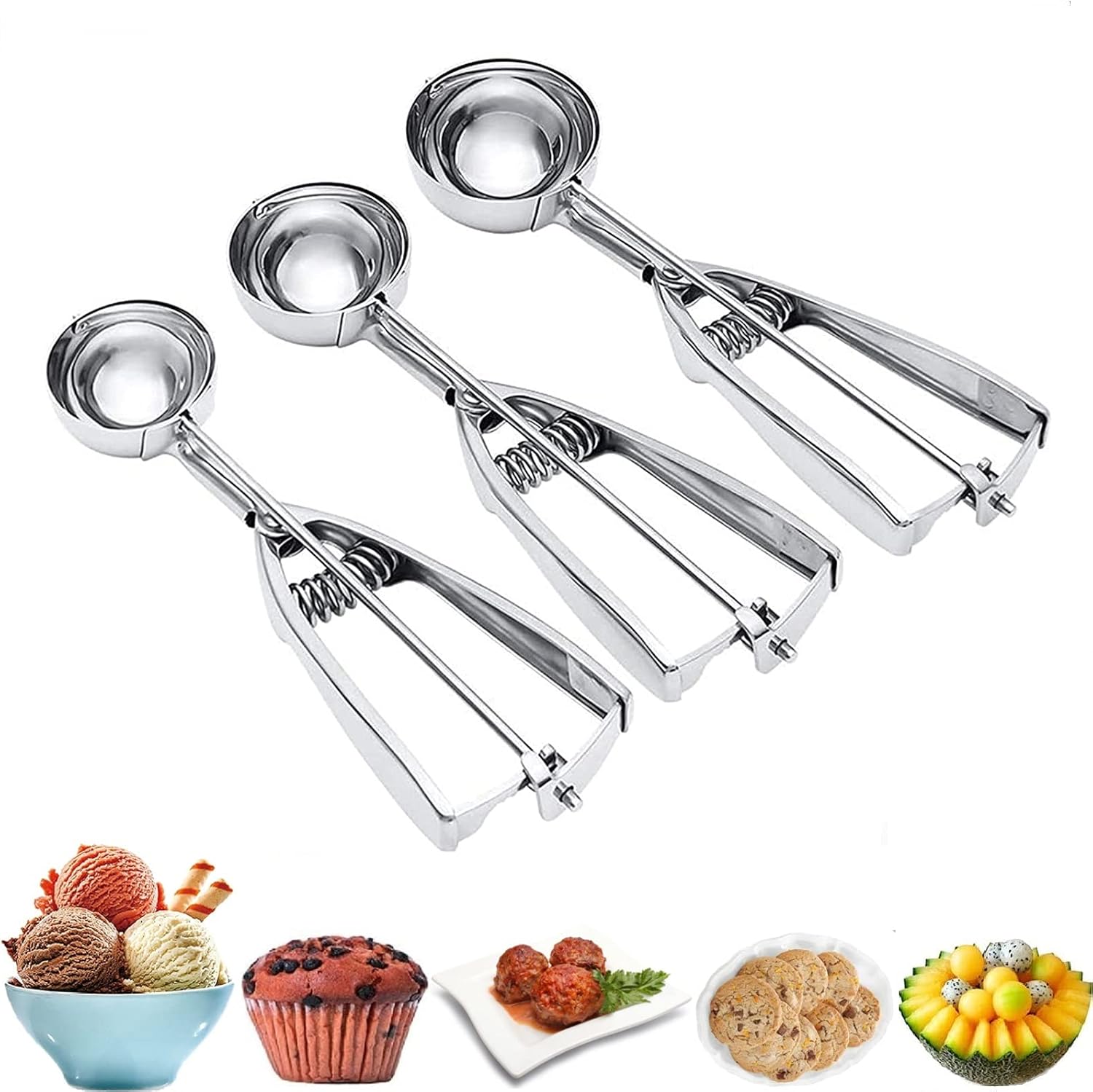 Dreiteiliges Set Aus Edelstahl-eiskugelportionierern Mit Auslösemechanismus: Groß, Mittel, Klein, Für Kekse Und Gebäck
