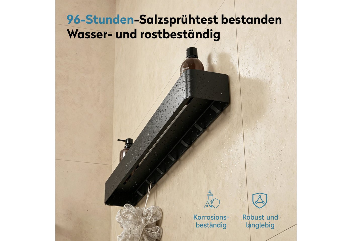 Doporro Duschablage Ohne Bohren, Badezimmer Organizer Mit 8 Haken, Stabiles Wandregal Bad Zum Kleben, Duschregal 80 Cm Für Bad, Küche Und Flur, Sandschwarz, Reglo-05 Bild 2