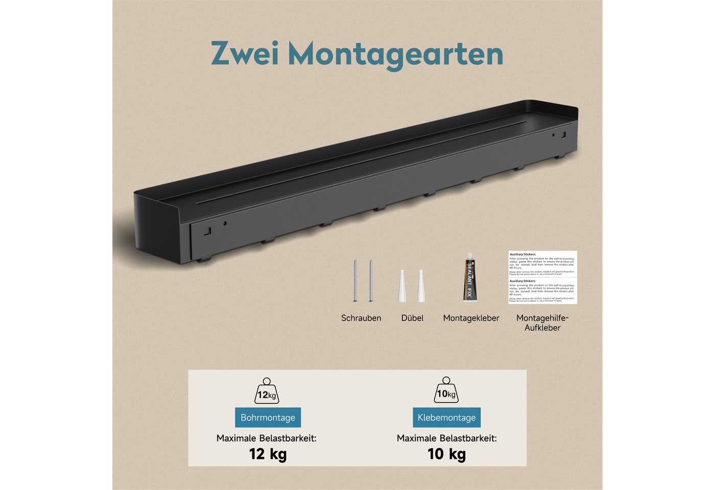 Doporro Duschablage Ohne Bohren, Badezimmer Organizer Mit 8 Haken, Stabiles Wandregal Bad Zum Kleben, Duschregal 80 Cm Für Bad, Küche Und Flur, Sandschwarz, Reglo-05 Bild 3