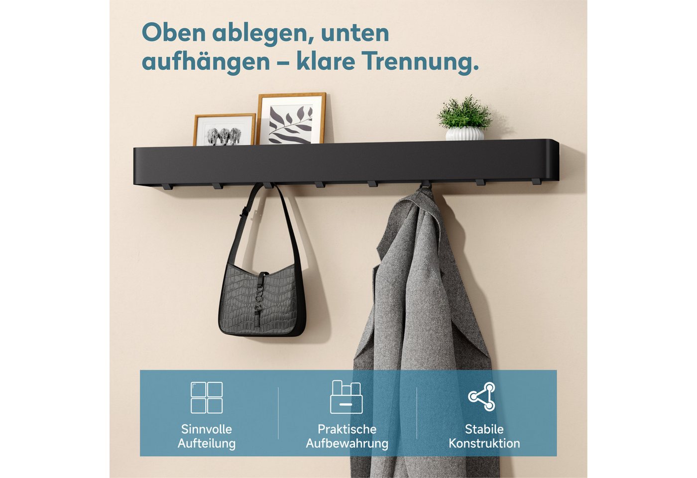 Doporro Duschablage Ohne Bohren, Badezimmer Organizer Mit 8 Haken, Stabiles Wandregal Bad Zum Kleben, Duschregal 80 Cm Für Bad, Küche Und Flur, Sandschwarz, Reglo-05 Bild 4
