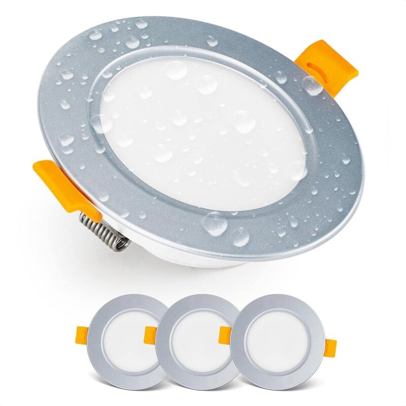 Led-einbaustrahler, Ip54-zertifizierte Led-deckenspots Für Badezimmer Und Feuchträume, Warmweiß (3000 K), 3er-pack Extraflache, Runde Led-spots, 7 Watt (7 W) / 700 Lumen, Silber