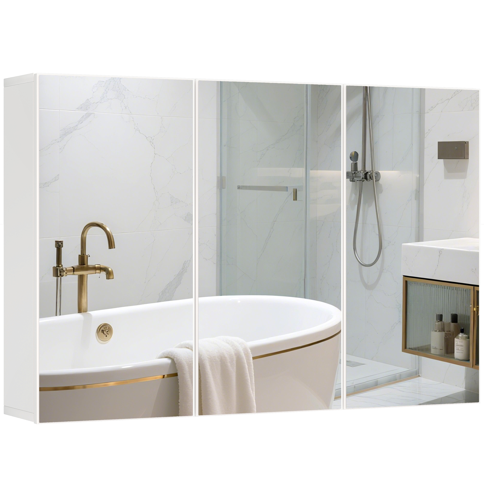 Badezimmerschrank Mit Spiegel, 3 Spiegeltüren, Wandmontage, 90 X 15,5 X 60 Cm, Spanplatte, Weiß