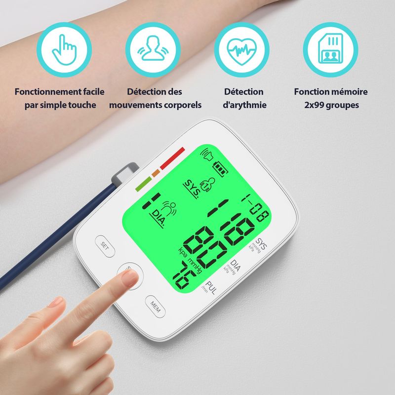 Blutdruckmessgerät Für Den Oberarm Mit Großem Lcd-display, 3-farbigem Lcd-monitor, Verstellbarem Armband (22–42 Cm), 2 X 99 Speicherplätzen Und Herzfrequenzmessung