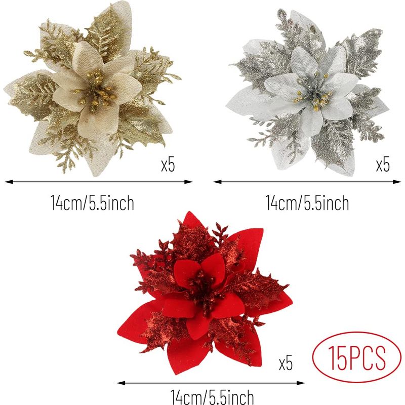 Glitzernde Weihnachtssternblüten, 15 Stück, 14 X 14 Cm, Weihnachtssternblüten In Rot, Gold Und Silber, Künstliche Blumen Für Weihnachtsbaumschmuck, Hochzeiten Und Partys