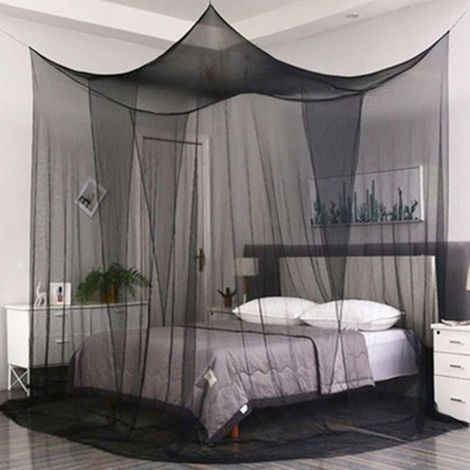 Moskitonetz Für Doppelbetten (210 X 190 X 240 Cm) Mit 4 Eingängen, Großes Einzelbett-moskitonetz Aus Polyester Für Reisen Und Zuhause – Schwarz